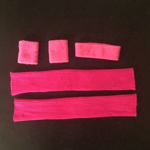 Hot pink sweat wrist bands, sweat headband, leg warmers. Richard Simmons costume